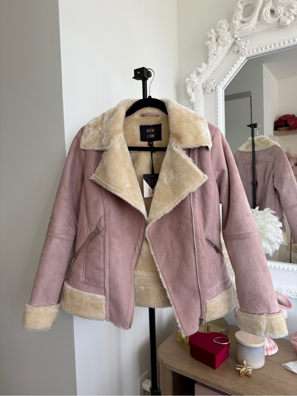 Pink Faux Shearling Suede Moto Jacket